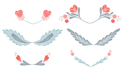 Vector set of floral frames in pastel colors. Decorative folk art cliparts with pink flowers, hearts and stems with foliage - obrazy, fototapety, plakaty