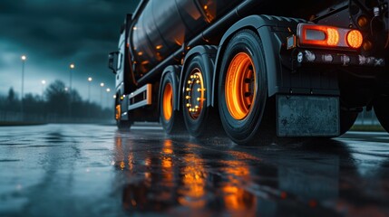 Truck chassis and orange wheels on a wet road in rainy weather, close-up. Safety concept and tire grip on wet road - 740469054