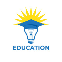 this logo on a white background depicts a lightbulb with a toga hat in blue color that can be used for educational related purposes
