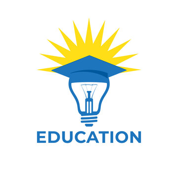 this logo on a white background depicts a lightbulb with a toga hat in blue color that can be used for educational related purposes
