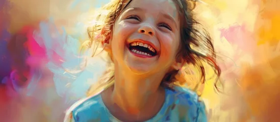 Möbelaufkleber A toddler with an electric blue iris is laughing joyfully with her mouth wide open, showcasing her beautiful smile in front of a colorful background © TheWaterMeloonProjec