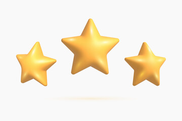 3d star rating symbol. Tree cartoon yellow 3D stars customer rating feedback. Achievement plastic glossy 3d stars