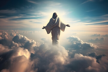 Resurrected Jesus Christ ascending to heaven. - obrazy, fototapety, plakaty