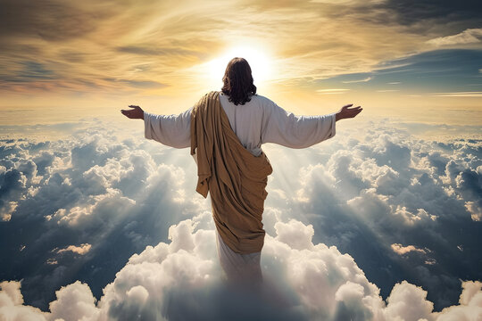 Resurrected Jesus Christ ascending to heaven.