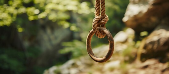 Obraz premium Tranquil scene of a single rope hanging gracefully from a tree in a serene forest setting