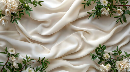 Luxurious Silk Fabric with White Flowers, Elegance and Purity Concept, Top View