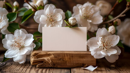 Rustic Mockup with White Cherry Blossoms and Blank Business Card on Wooden Texture, Natural Invitation Theme, Warm Earth Tones, Perfect for Eco-Friendly Branding