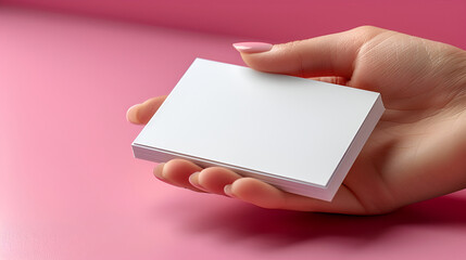 Close-Up of Hand Holding Blank Business Cards Stack, Feminine Nail Polish, Pink Background, Professional Networking, Clean Design, Space for Branding