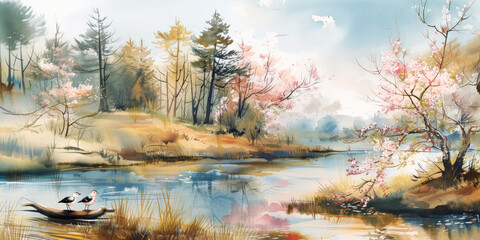 Naklejka na ściany i meble Forest, spring flowers and pond. Watercolor illustration.