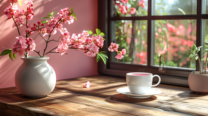 "Morning Light on Pink Flowering Branch in White Vase, Cozy Kitchen Setting with Coffee Cup, Spring Freshness, Comfortable Living, Perfect for Home Lifestyle Features