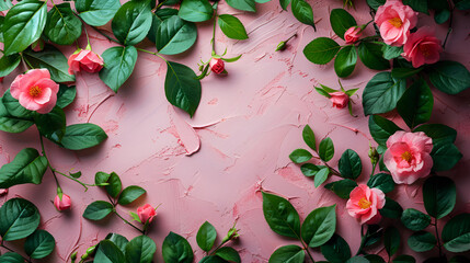 Floral Background with Pink Camellia Flowers, Lush Greenery on Textured Pink Surface, Spring Beauty, Natural Pattern, Decorative Wallpaper, Botanical Design