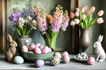 Bright Easter composition. Spring flowers, painted eggs, and rabbit figurines
