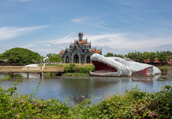Colorful detail and architecture of the Khao Phra Sumen Dragon Pavilion pagoda temple in a lake at...