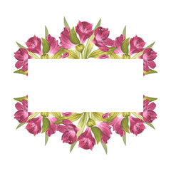 Alstroemeria. Beautiful Peruvian Lilly. Horizontal frame of pink flowers. For background design, invitations. Watercolor illustration of a bud with greenery on an isolated white background