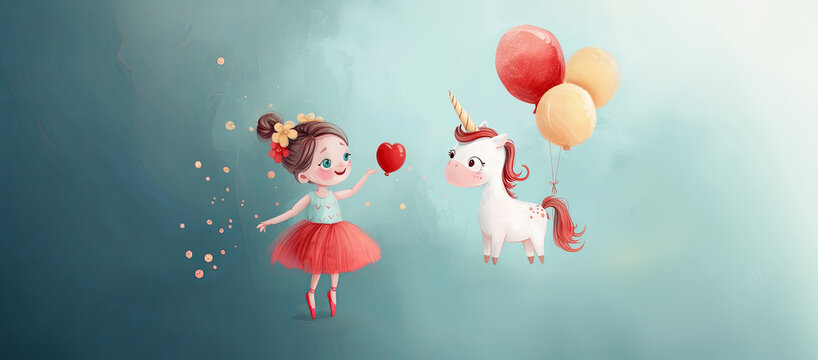 Laughing girl in a red ballet skirt is giving a  unicorn a balloons.  Happy Birthday panorama