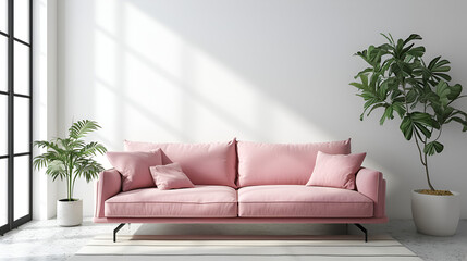Modern living room minimalistic interior with pink sofa, generative ai