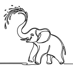 An elephant sprinkles itself with water from its trunk in a line drawing style