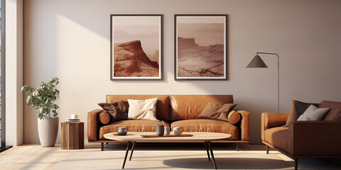 Modern interior with terra cotta accents - round coffee table near white corner sofa against paneling wall with art poster, Scandinavian style living room.AI Generative