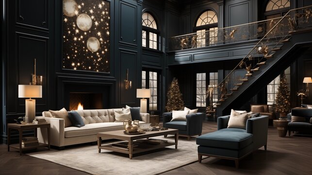 A serene living room with ethereal pearl walls and starry night accent furniture
