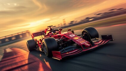 Formula one car go fast at the raceway during sunset - obrazy, fototapety, plakaty