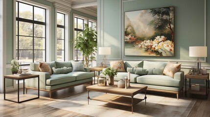 A serene living room with light mint walls and forest green accent chairs