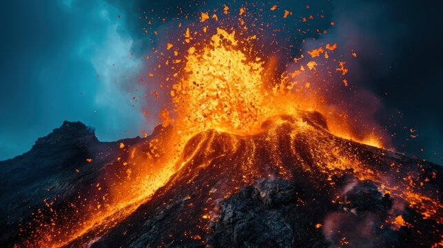 Burning hot lava splashing in volcano crater in overcast evening