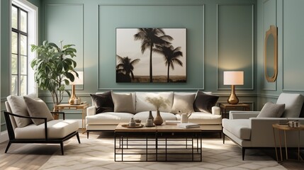 A serene living room with pale mint walls and charcoal slate accent furniture