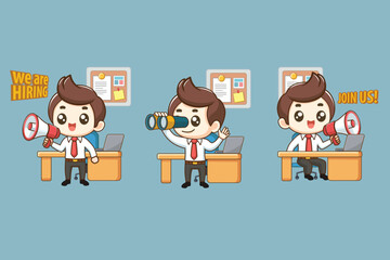 Set of cute character illustration of a manager employee staff announcing a Job vacancy, office worker with megaphone speaker and binoculars is hiring