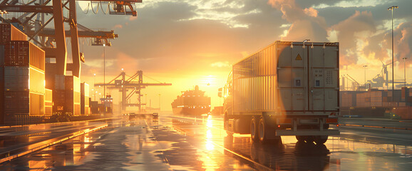 Container truck in ship port business logistics and transportation of container cargo ship and cargo plane with working crane bridge in shipyard at sunrise, logistic import export and transport. AI