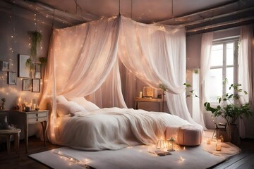 A dreamy bedroom with a canopy bed draped in sheer curtains, soft pastel colors, and twinkling fairy lights. The atmosphere exudes romance and serenity - obrazy, fototapety, plakaty