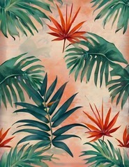 Fototapeta na wymiar Tropics on the texture on a watercolor background, vintage style in pastel colors, photo wallpaper Generative AI