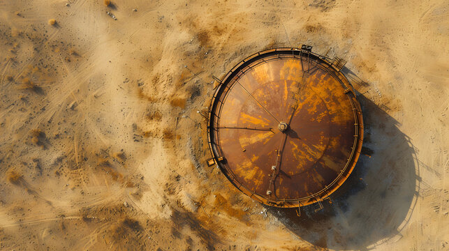 Aerial View of a Rusty Circular Industrial Tank. A single large rusty circular industrial tank casting a shadow on the textured ground. generative ai