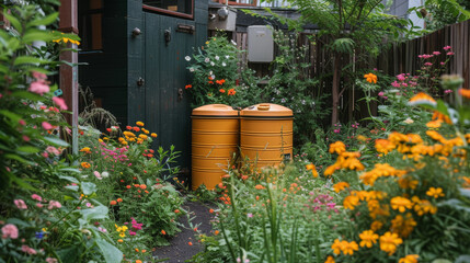 Garbage bins surrounded by green plants