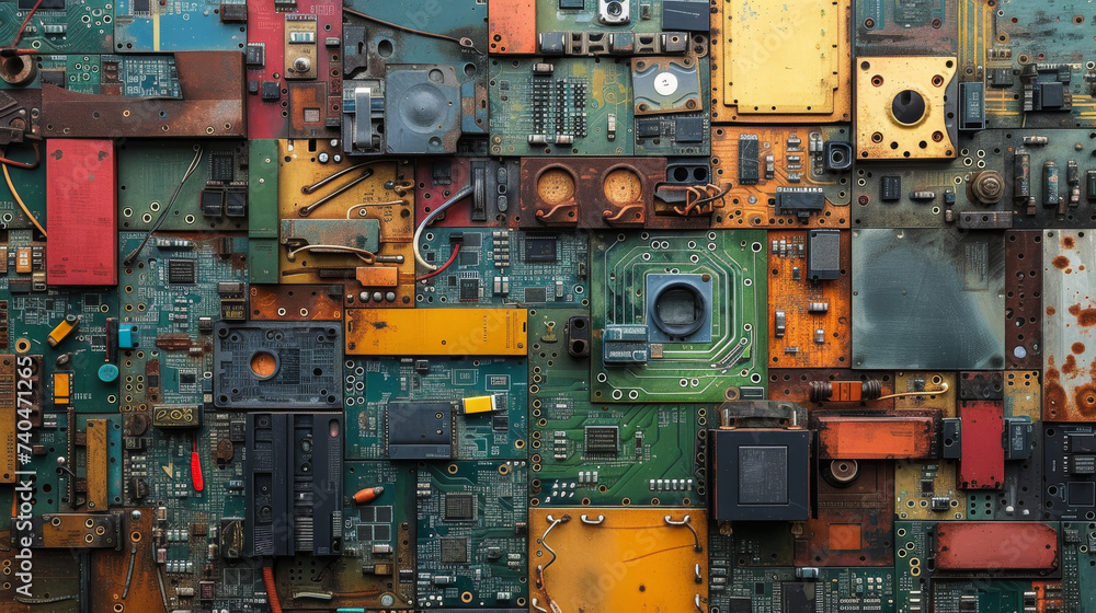 Poster old, rusty computer circuit board with chips