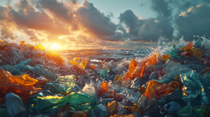 Plastic waste with dramatic sunset in the background