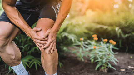 Obraz na płótnie Canvas Knee joint pain in Caucasian man. Concept of osteoarthritis, rheumatoid arthritis or ligament injury