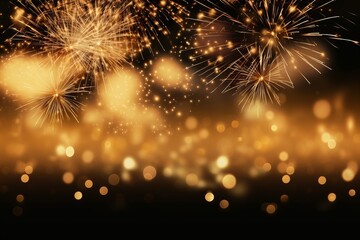 Abstract multiple showing of fireworks light and bokeh on luxury gold color background for anniversary season and happy new year festival countdown concept