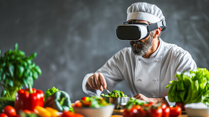 Chef expertly prepares gourmet dishes, infusing each creation with passion and culinary mastery with virtual reality sunglass
