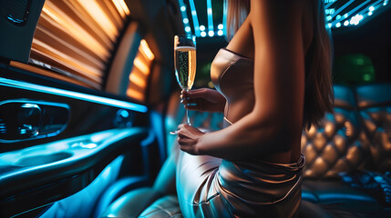 A wealthy woman with a glass of champagne in luxury car - obrazy, fototapety, plakaty
