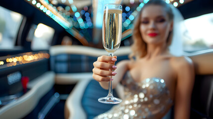 A wealthy woman with a glass of champagne in a luxury car. The focus is on the glass. - obrazy, fototapety, plakaty