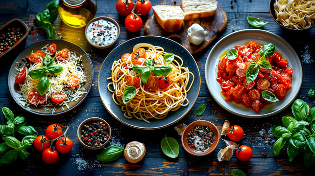 Italian cuisine - A table with many different dishes on it.