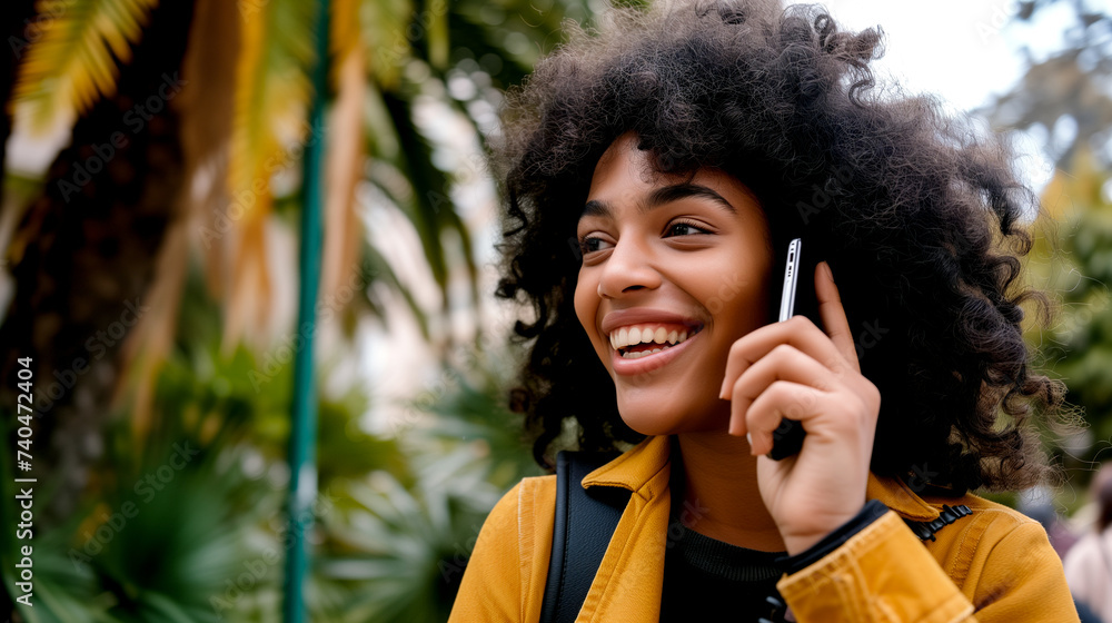 Poster African American young woman talking on cell phone.