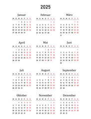 2025 calendar minimalist on german language with german holidays. Week start on monday. Vector illustration