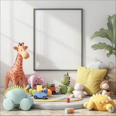 close-up, kids room, of a 3 mockup of a poster frame against a wall, toys --v 6 Job ID: 44b34796-9f84-457d-a7cb-139f0237baa8