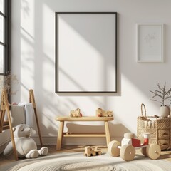 close-up, kids room, of a 3 mockup of a poster frame against a wall, toys --v 6 Job ID: 44fc7d1a-a0c2-4ae1-86c0-e9e62eac9110