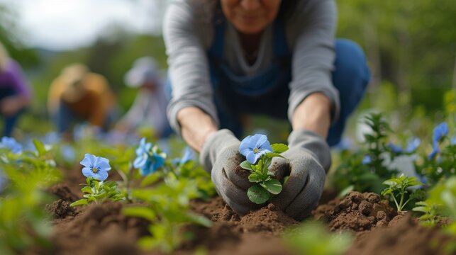 A senior organizing volunteers to plant flowers and maintain a community garden. Their love for nature and ability to mobilize resources for a greater cause shines through