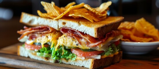 A delicious sandwich with chips on top is presented on a rustic wooden cutting board, showcasing a fusion of flavors and textures in this culinary creation - Powered by Adobe