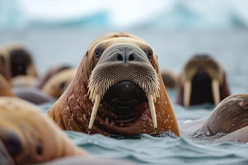 Foto op Aluminium Selective focus of a large mustachioed walrus in the water, a swimming group of northern pinnipeds with tusks © Sergio