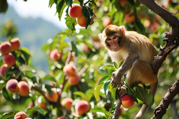 Fototapeta premium A monkey is hanging on a peach tree full of fruits