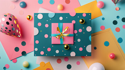 Fototapeta premium Festive and Fun: Minimalistic Style Birthday Invitation Card with Vibrant Colors, Polka Dots, Party Hat, and Gift Box Elements